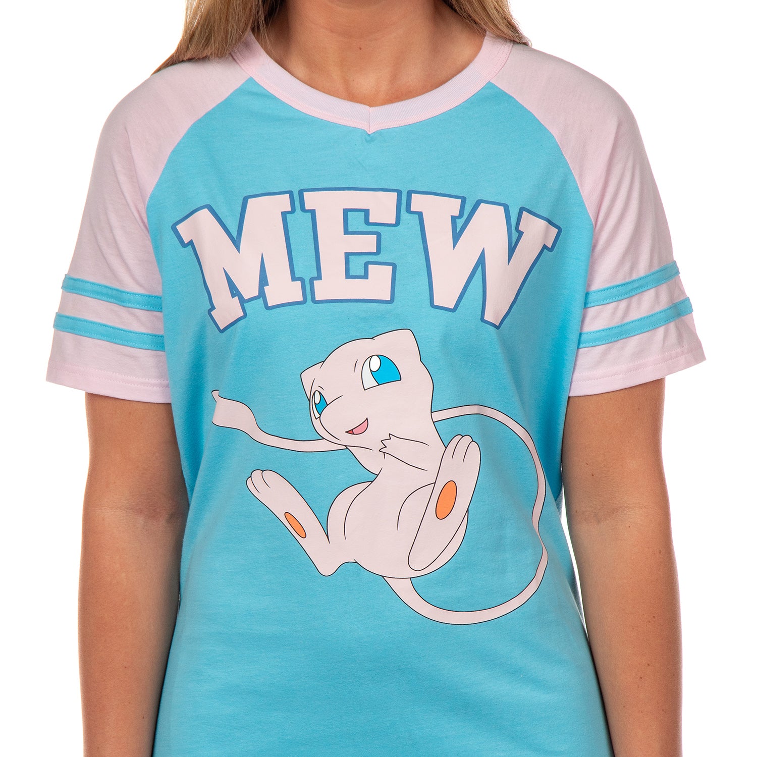Pokemon Pajama Women's Mew Varsity Raglan Sleep Shirt V-Neck Nightgown (M)