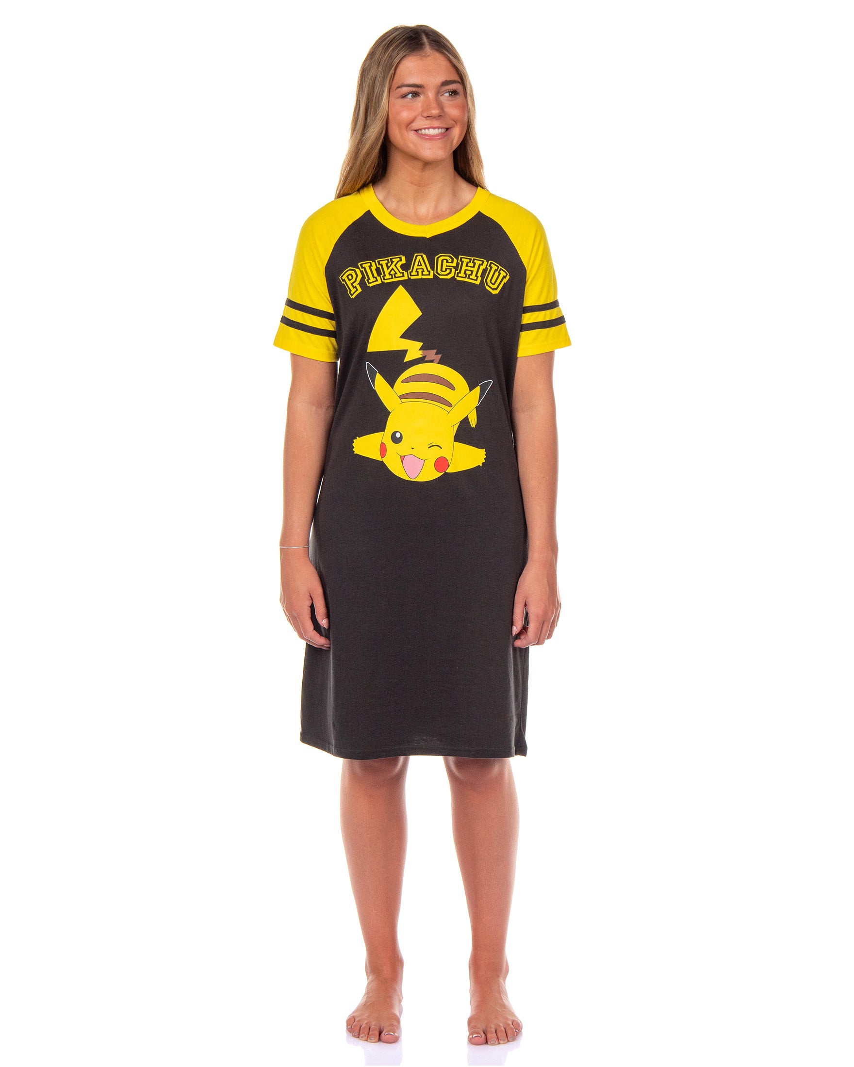 Pokemon Pajama Women's Pikachu Varsity Raglan Sleep Shirt V-Neck Nightgown (M)