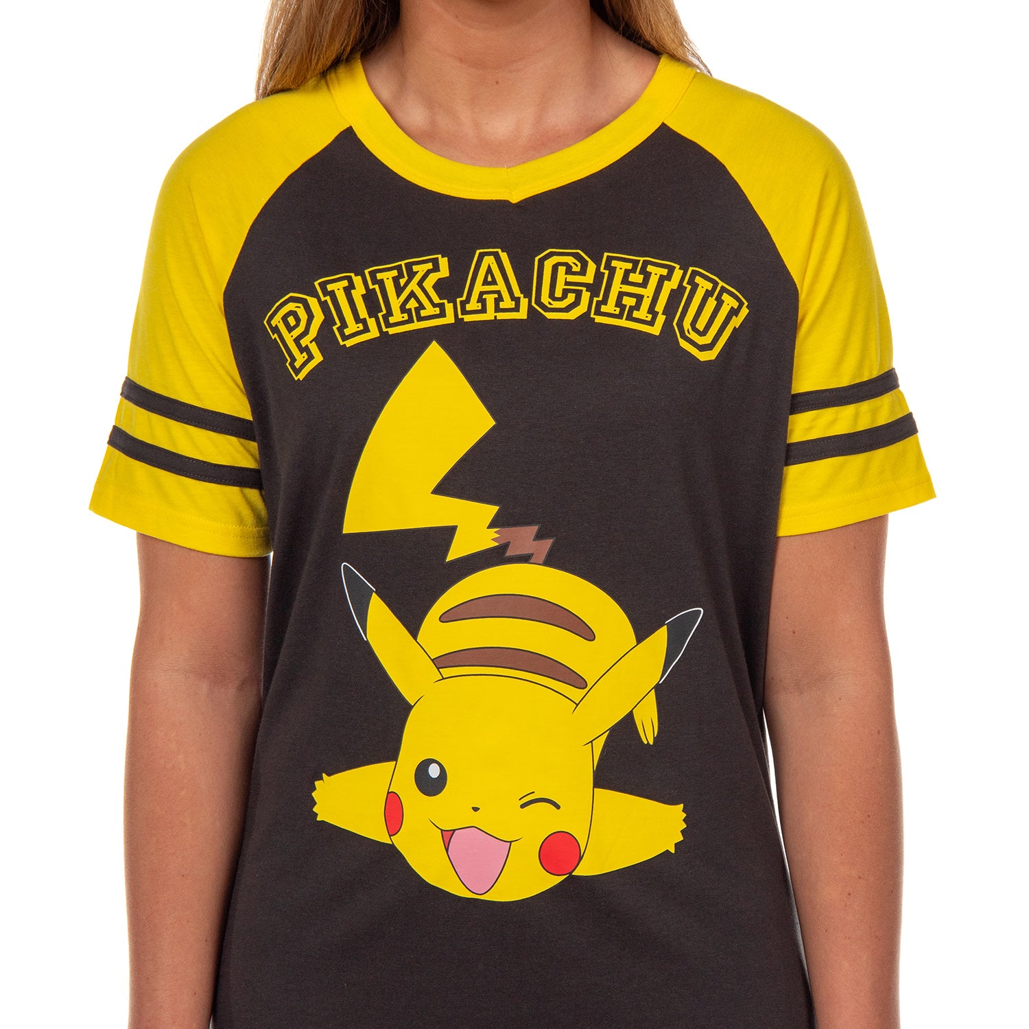 Pokemon Pajama Women's Pikachu Varsity Raglan Sleep Shirt V-Neck Nightgown (M)