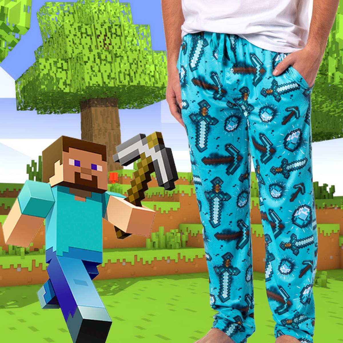 Men's Minecraft Pajama Pants Diamond Art Pickaxe And Sword Sleep Pants