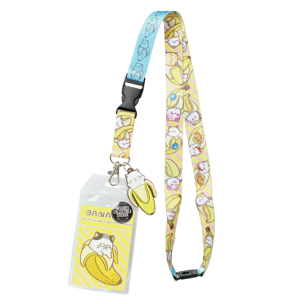 Bananya ID Lanyard Badge Holder With 2" Charm Pendant And Collectible Sticker