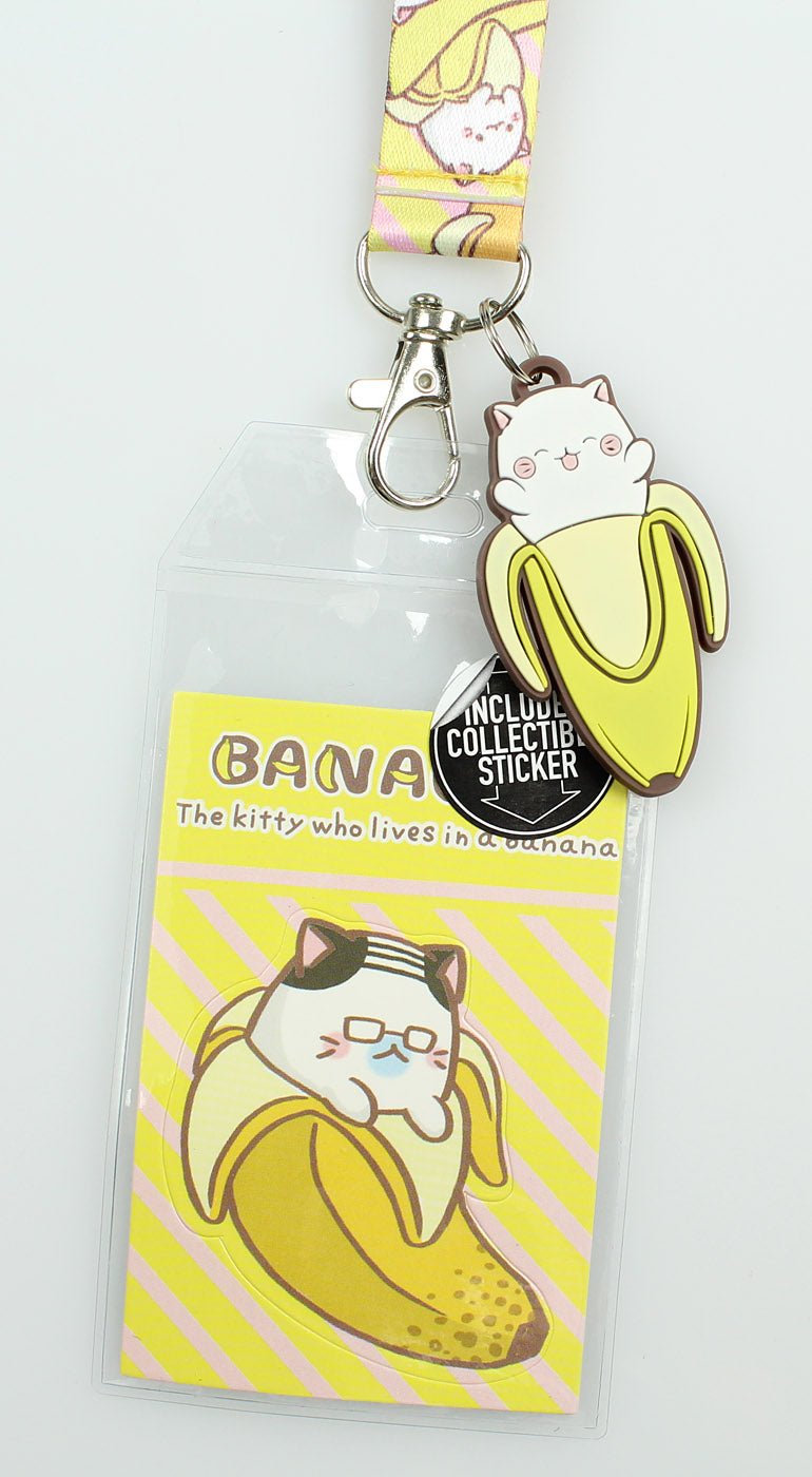 Bananya ID Lanyard Badge Holder With 2" Charm Pendant And Collectible Sticker