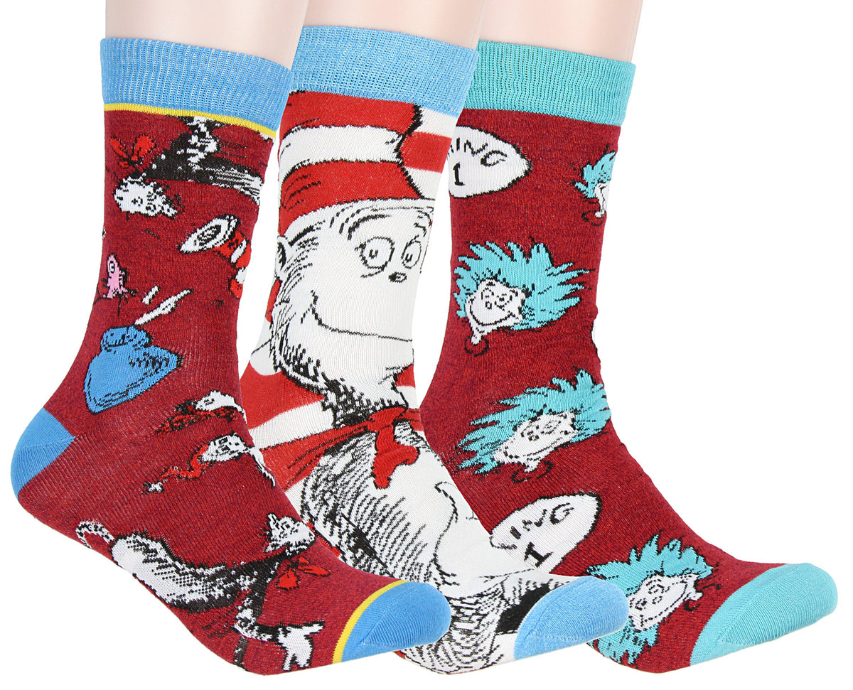 Dr. Seuss Socks Adult Cat In The Hat THING ONE THING TWO 3 Pack Mid-Calf Crew Socks