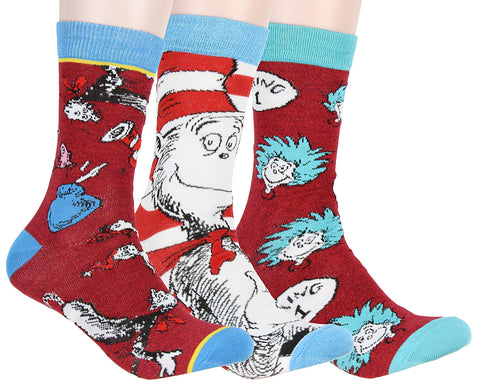 Dr. Seuss Socks Adult Cat In The Hat THING ONE THING TWO 3 Pack Mid-Calf Crew Socks