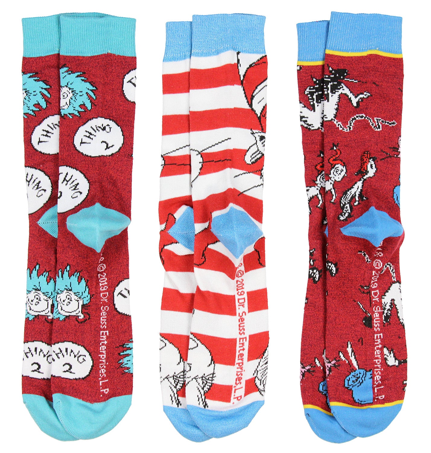 Dr. Seuss Socks Adult Cat In The Hat THING ONE THING TWO 3 Pack Mid-Calf Crew Socks