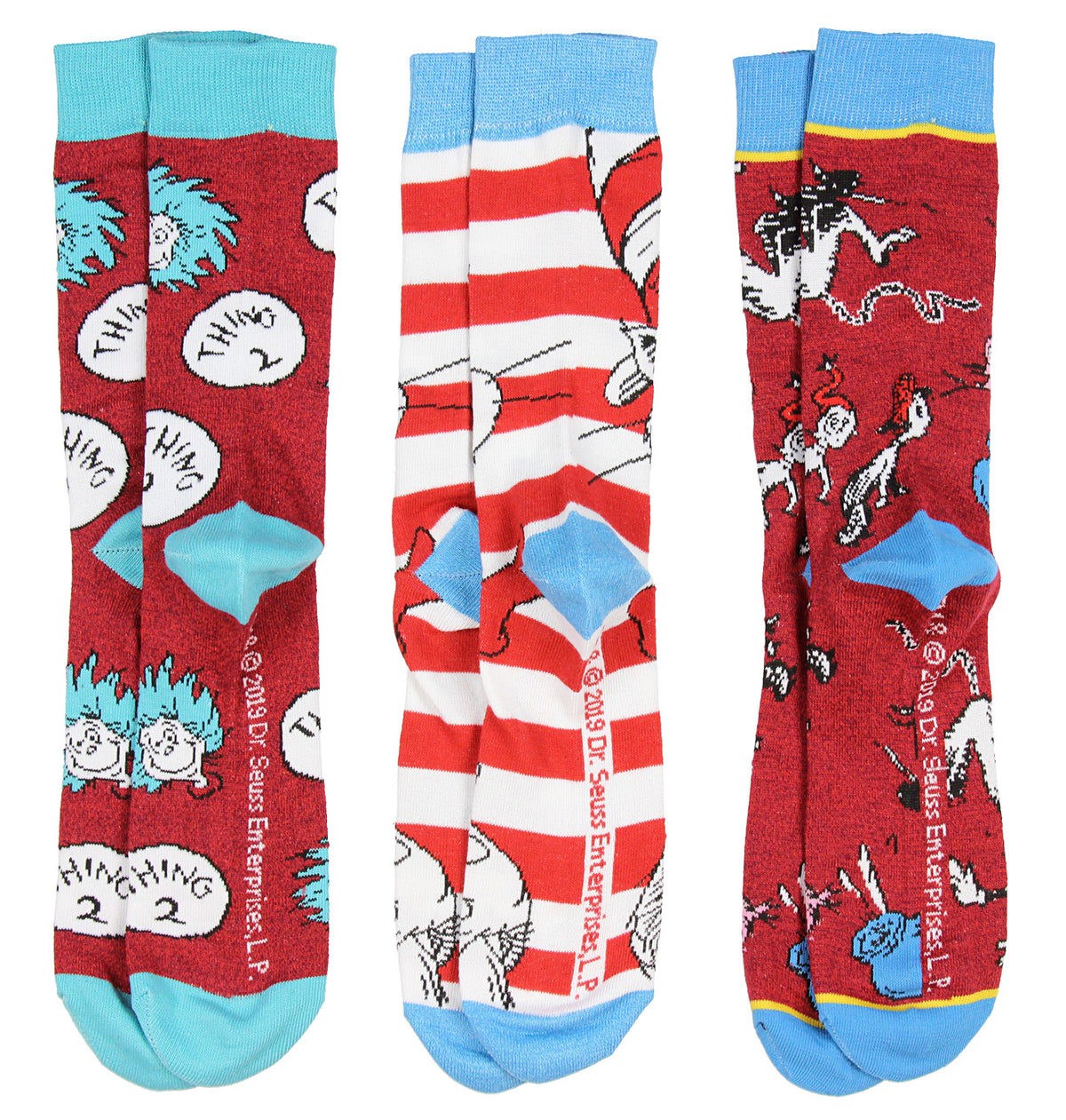 Dr. Seuss Socks Adult Cat In The Hat THING ONE THING TWO 3 Pack Mid-Calf Crew Socks