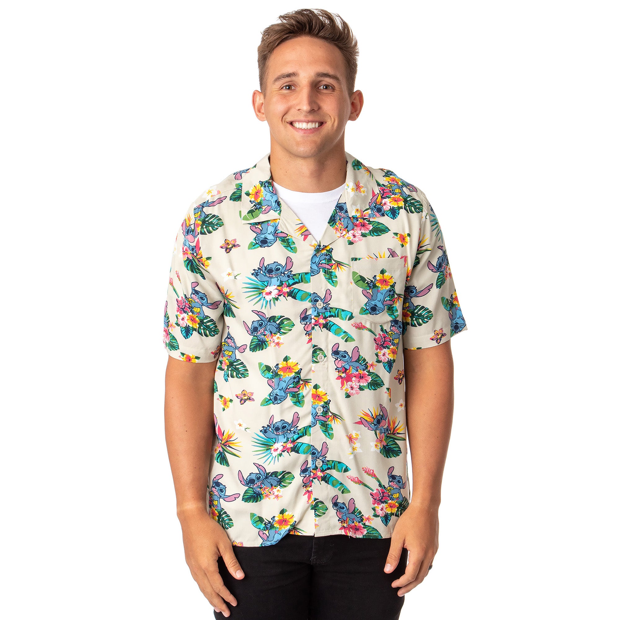 Disney Lilo & Stitch Men's Stitch Tropical Hawaiian Button Up Shirt Adult