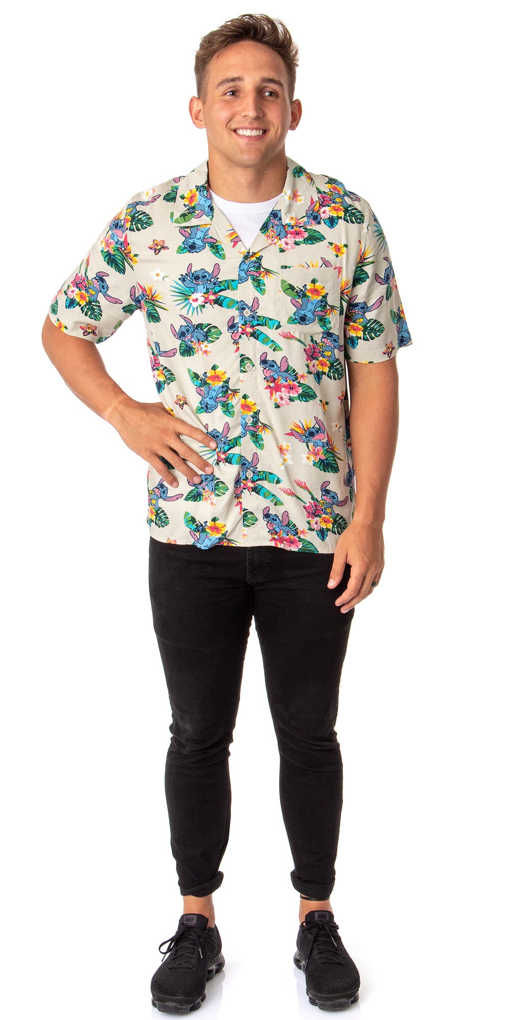 Disney Lilo & Stitch Men's Stitch Tropical Hawaiian Button Up Shirt Adult