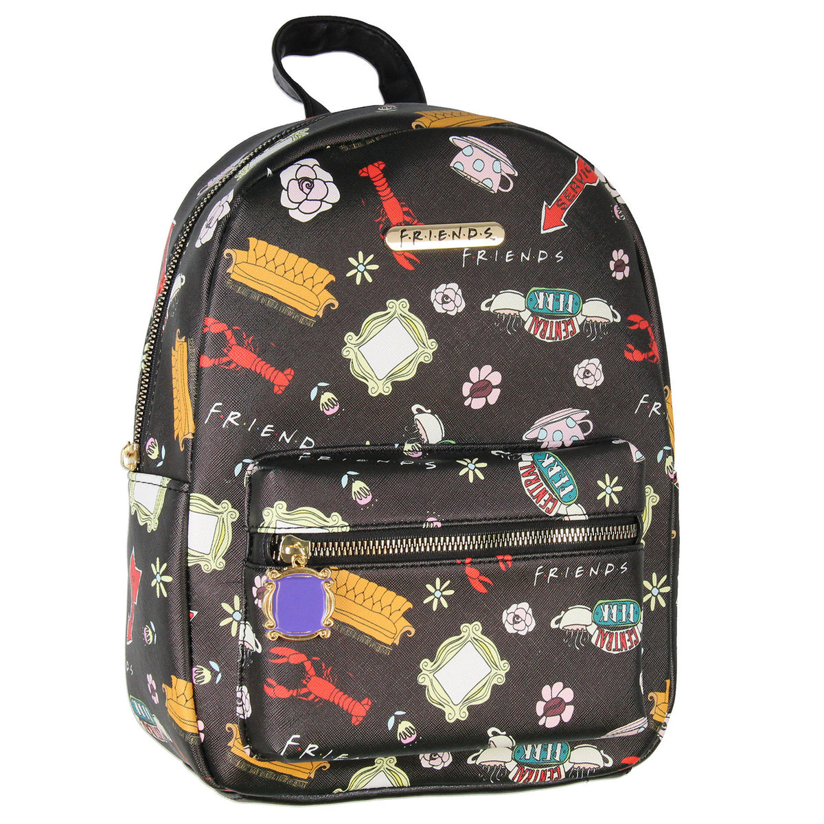 Friends TV Show Allover Toss Print Faux Saffiano Leather Mini Backpack Bag 11"
