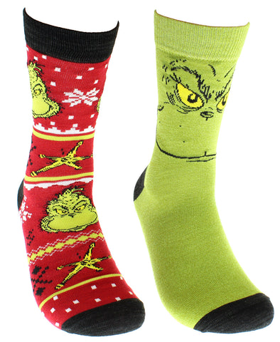 Dr Seuss GRINCH Grinchmas Adult Holiday Crew Socks 2 Pair