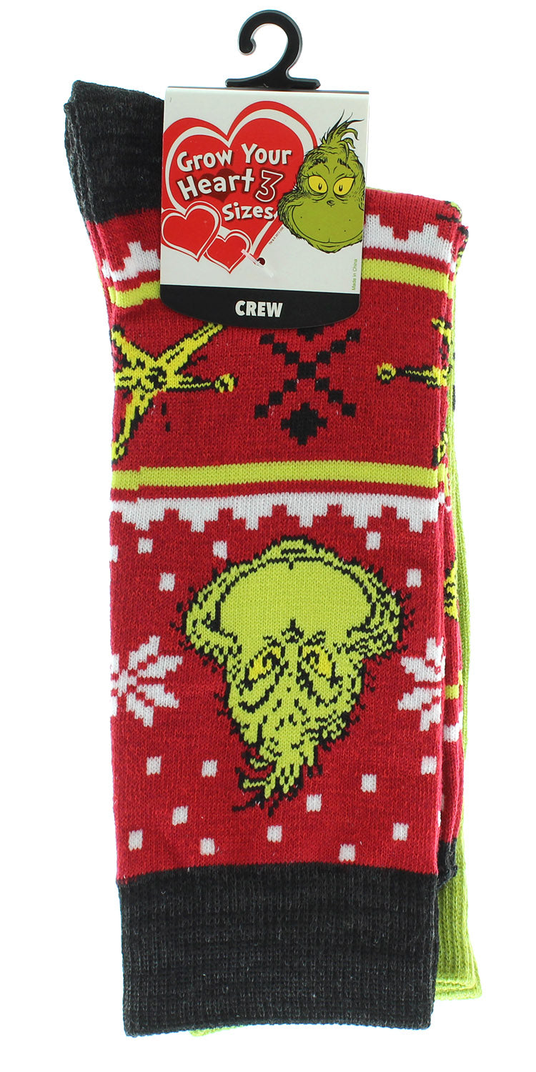Dr. Seuss GRINCH Grinchmas Adult Holiday Crew Socks 2 Pair