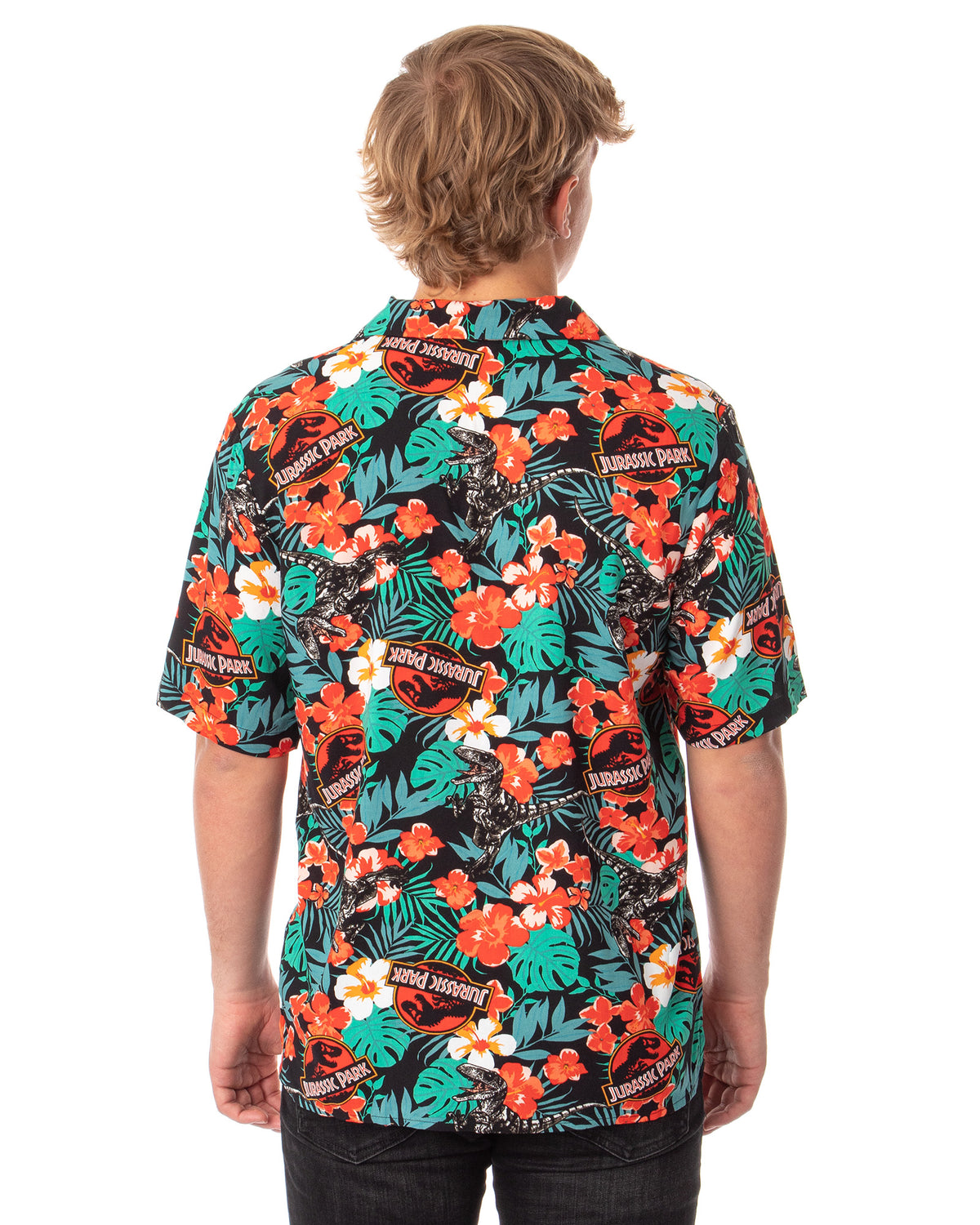 Jurassic Park Men's Velociraptor Dinosaur Floral Hawaiian Button Up Shirt Adult