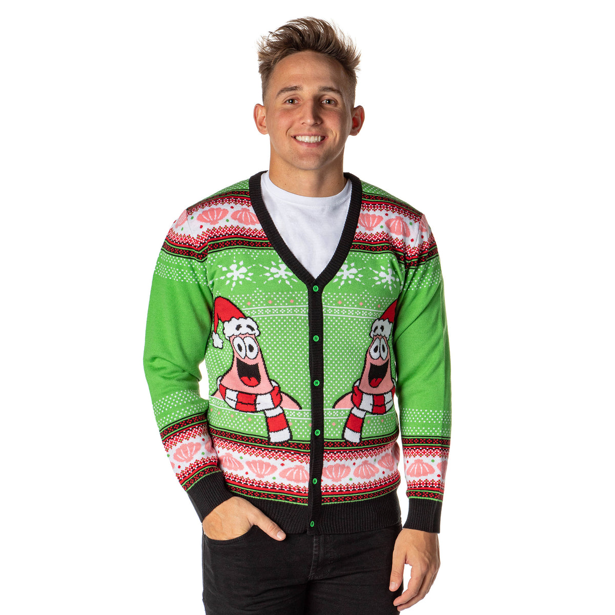 SpongeBob SquarePants Men's Patrick Star Ugly Sweater Button-Up Knit Cardigan