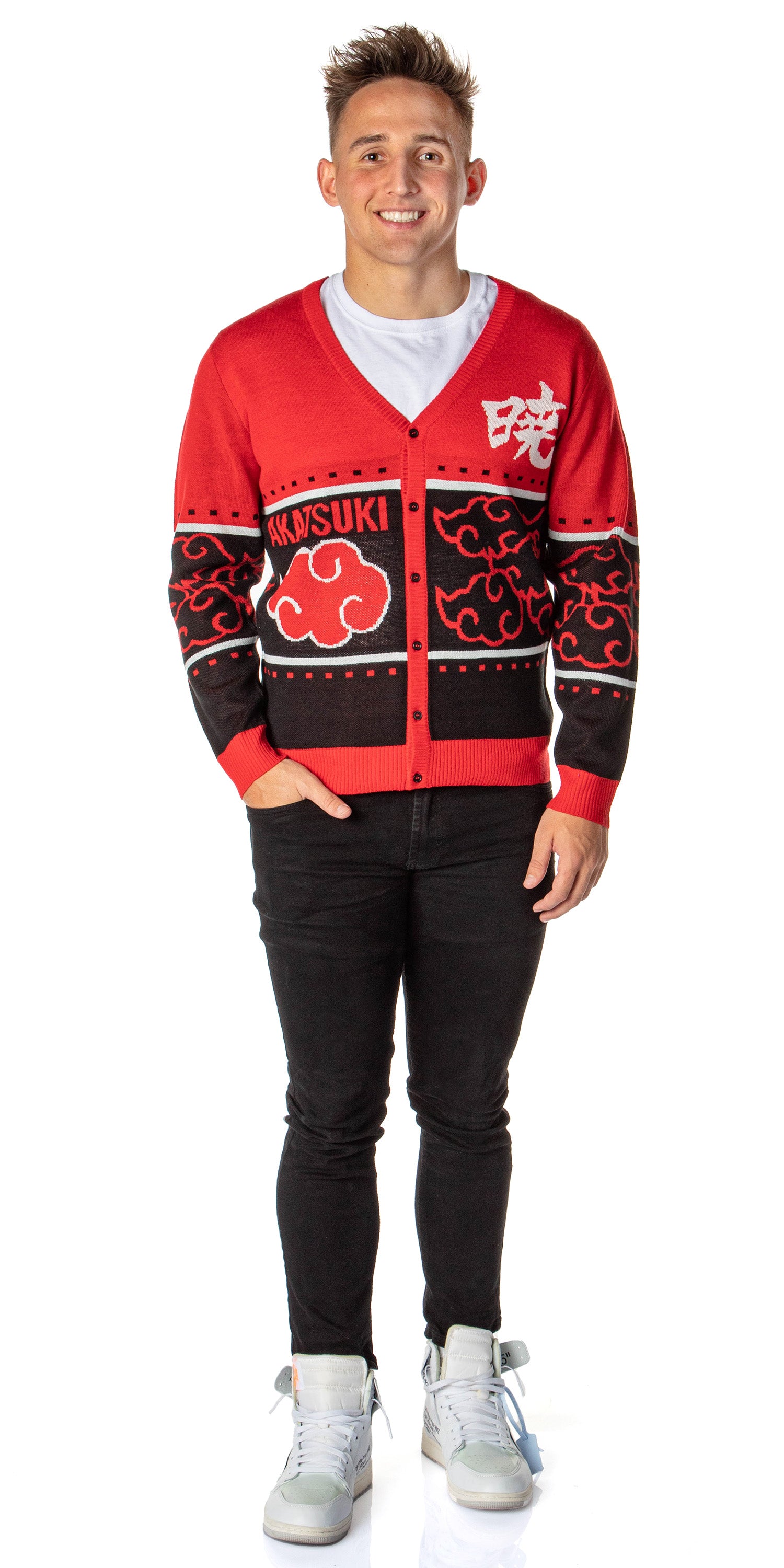 Naruto Shippuden Men's Akatsuki Red Cloud Ugly Sweater for Christmas Cardigan