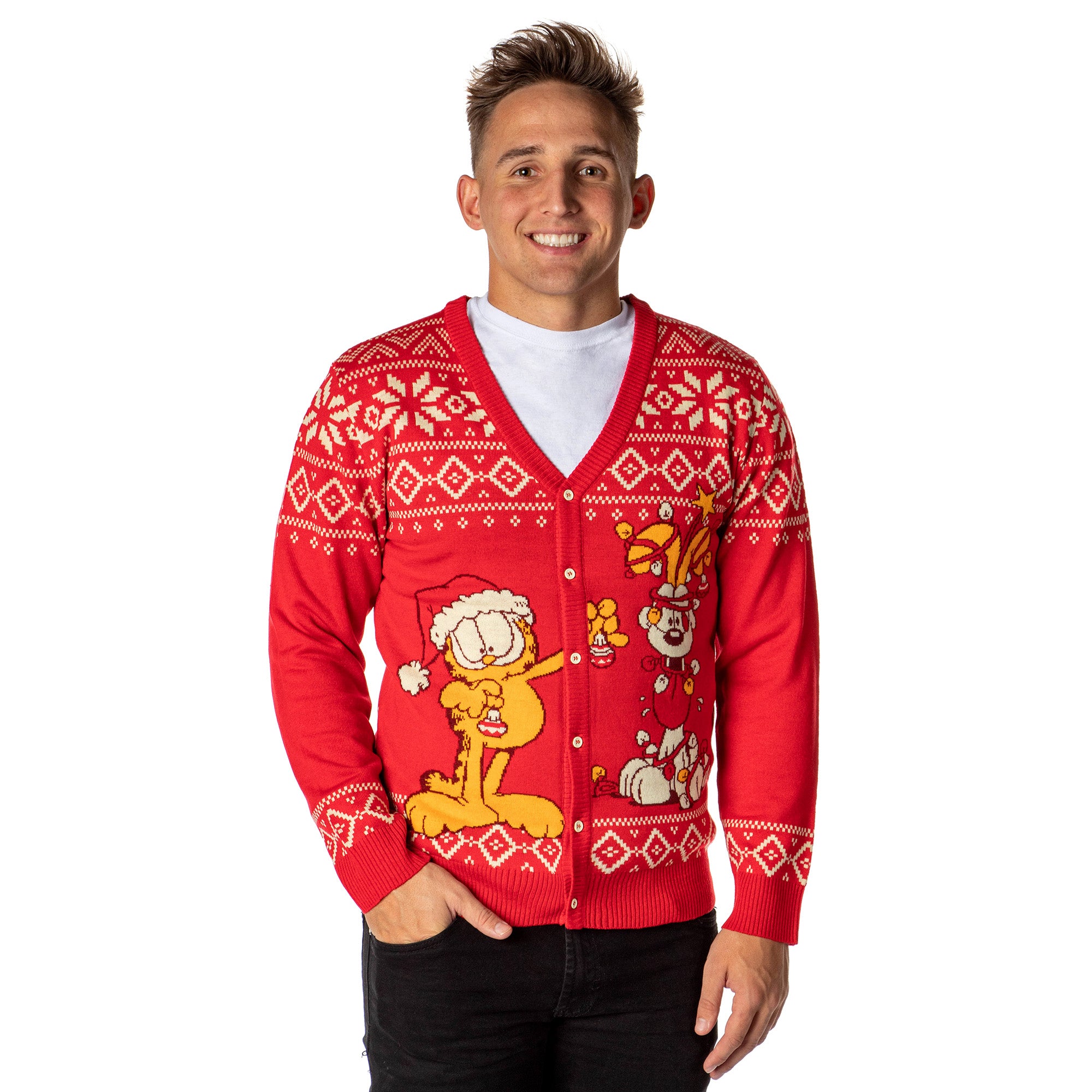 Garfield Men's Odie and Garfield Ugly Sweater Button-Up Knit Cardigan