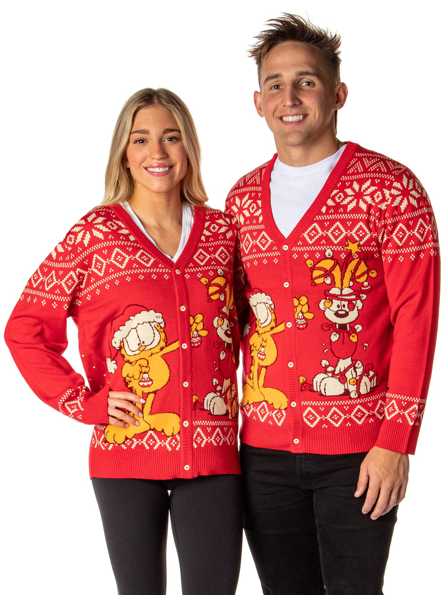 Garfield Men's Odie and Garfield Ugly Sweater Button-Up Knit Cardigan