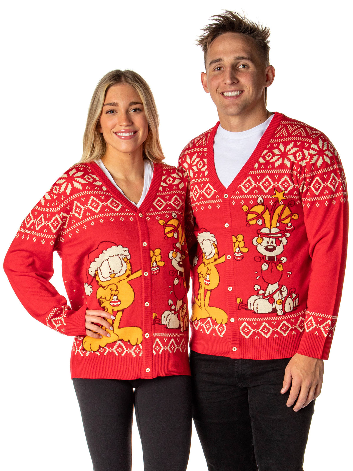 Garfield Men's Odie and Garfield Ugly Sweater Button-Up Knit Cardigan