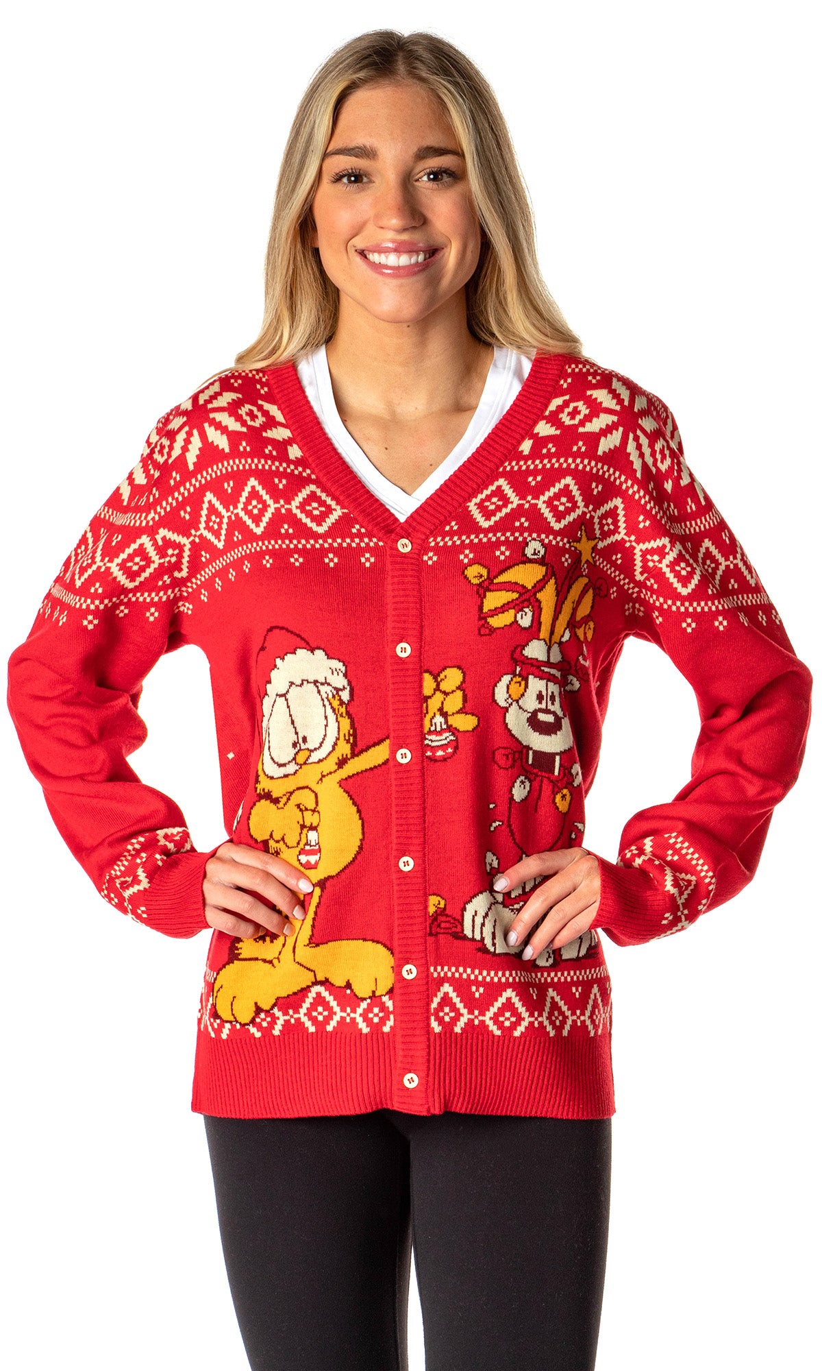 Garfield Men's Odie and Garfield Ugly Sweater Button-Up Knit Cardigan