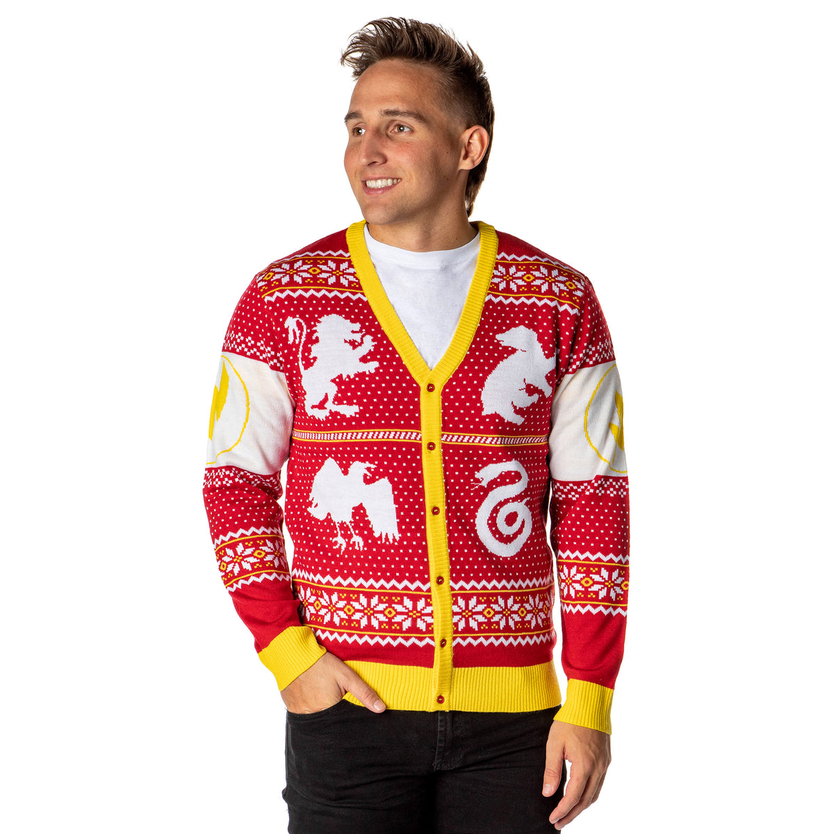 Harry Potter Men's Hogwarts Houses Ugly Sweater for Christmas Cardigan