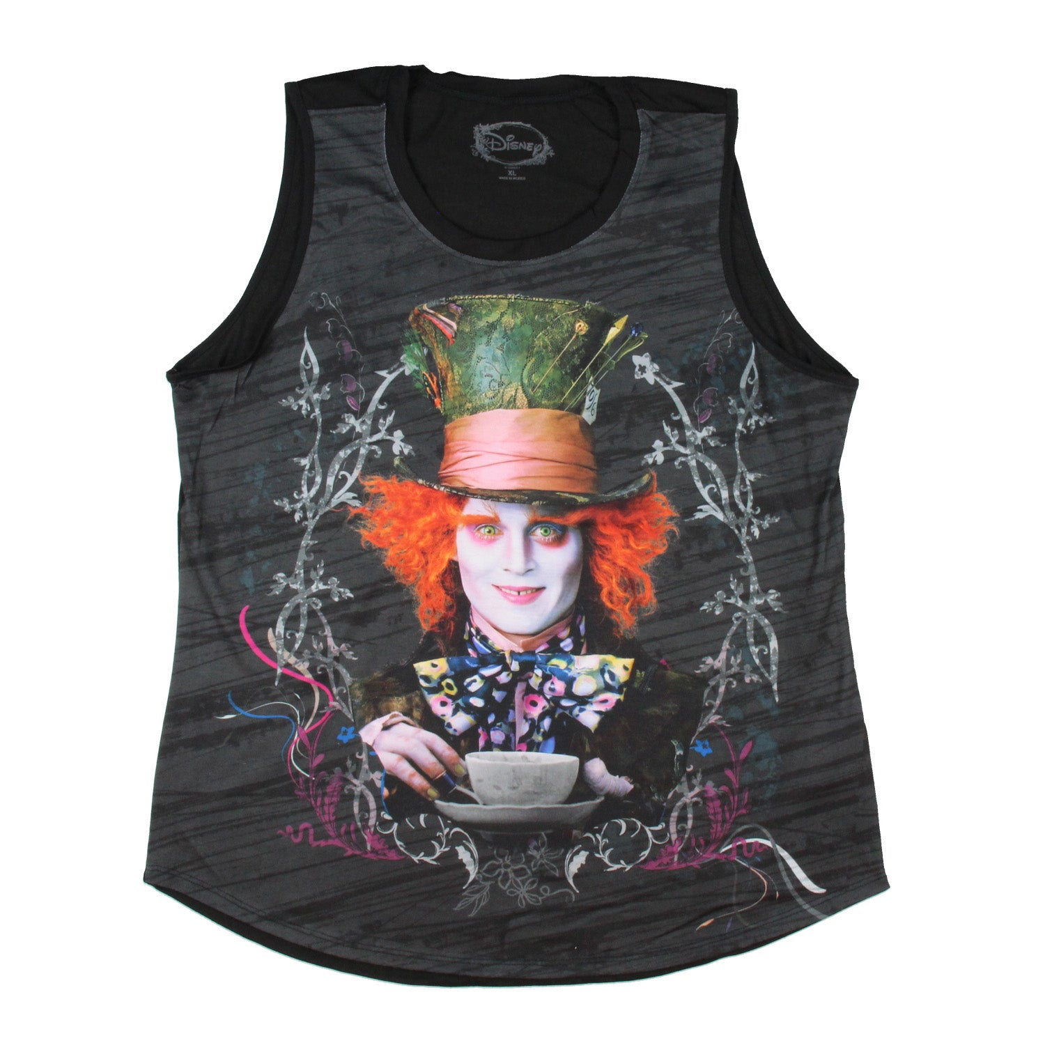 Disney Women's Juniors Alice In Wonderland Mad Hatter Colorful Portrait Muscle Tank