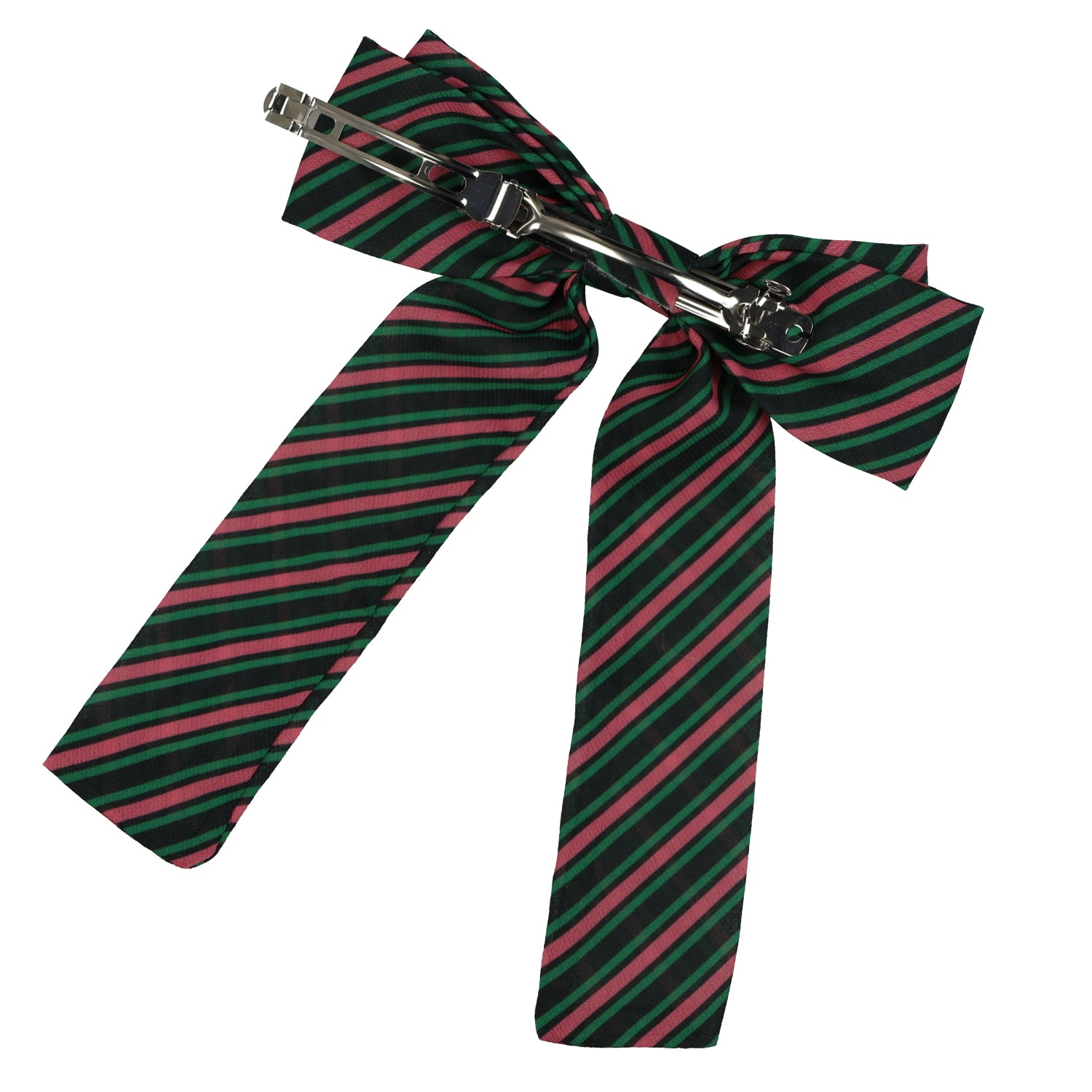 Wicked Hair Bow Pink and Green Stripes with Pinch Barrette
