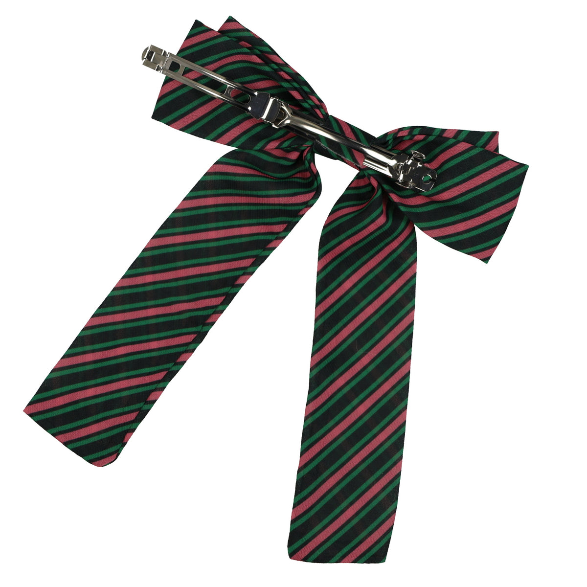 Wicked Hair Bow Pink and Green Stripes with Pinch Barrette
