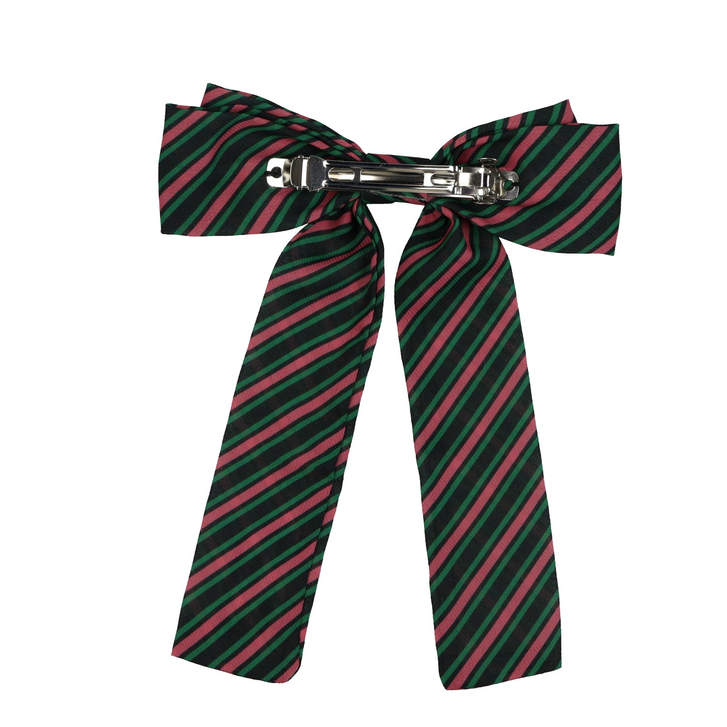 Wicked Hair Bow Pink and Green Stripes with Pinch Barrette