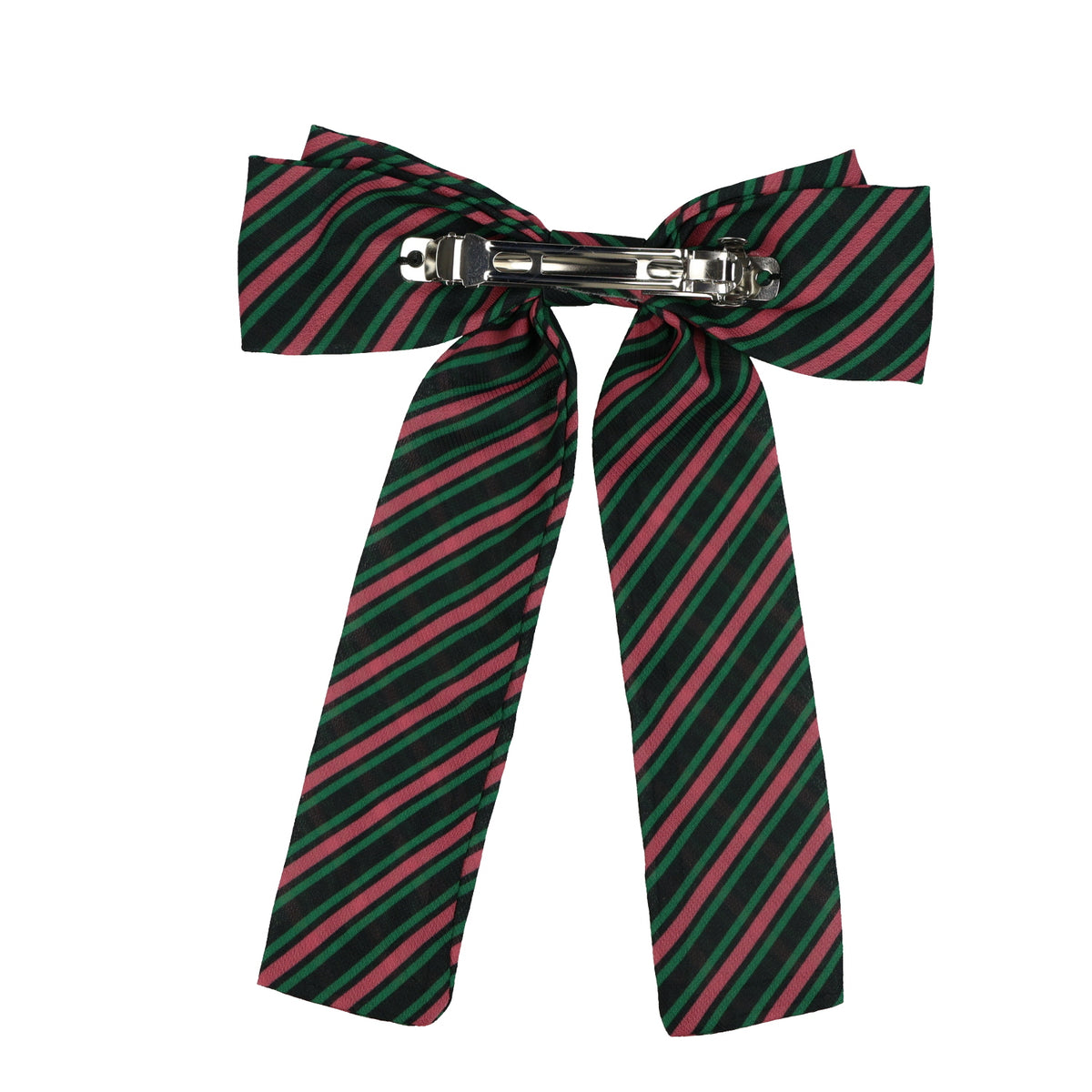 Wicked Hair Bow Pink and Green Stripes with Pinch Barrette