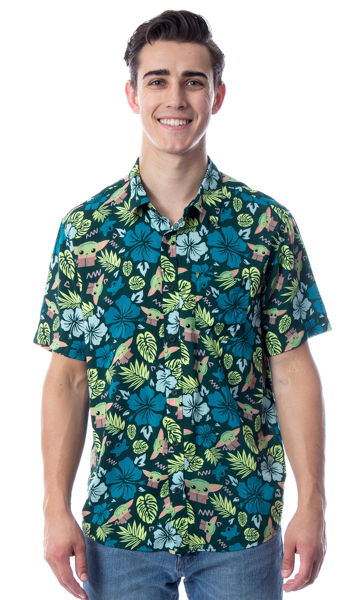Star Wars Men's Grogu Baby Yoda Leaves Hawaiian Button Up Shirt Adult