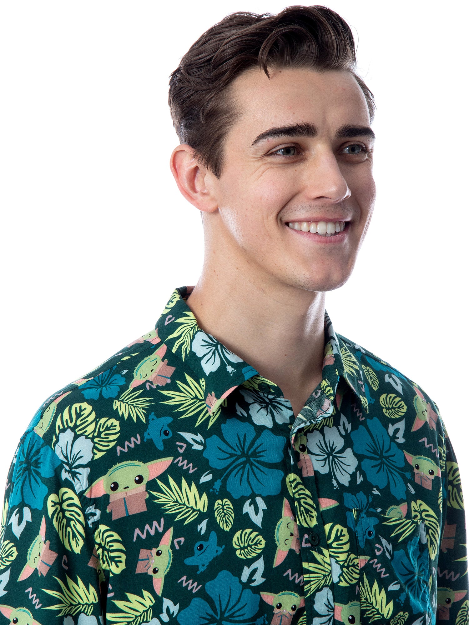 Star Wars Men's Grogu Baby Yoda Leaves Hawaiian Button Up Shirt Adult