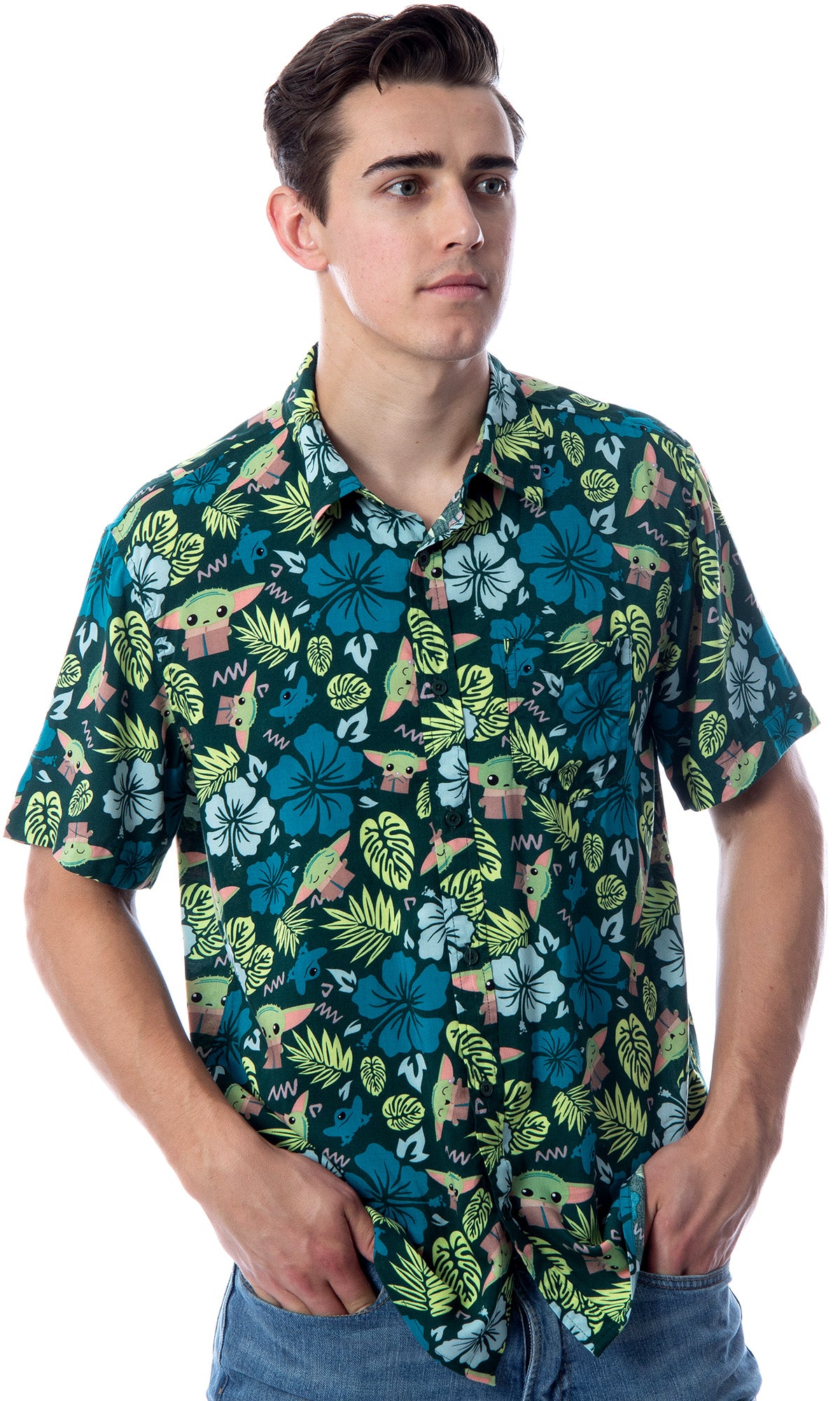 Star Wars Men's Grogu Baby Yoda Leaves Hawaiian Button Up Shirt Adult