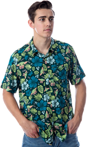 Star Wars Men's Grogu Baby Yoda Leaves Hawaiian Button Up Shirt Adult