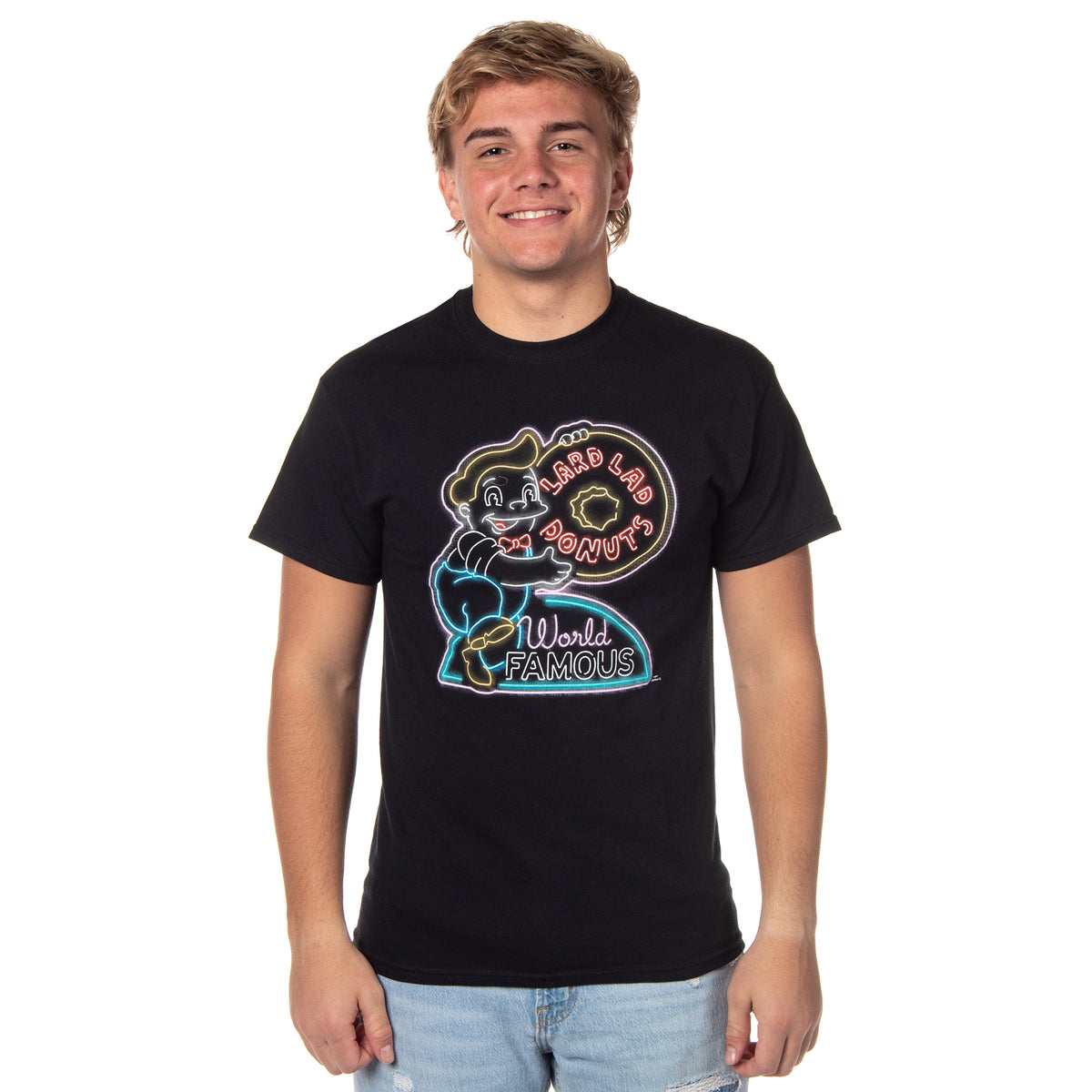 The Simpsons Men's Lard Lad Donuts Neon Sign Logo Adult T-Shirt Tee