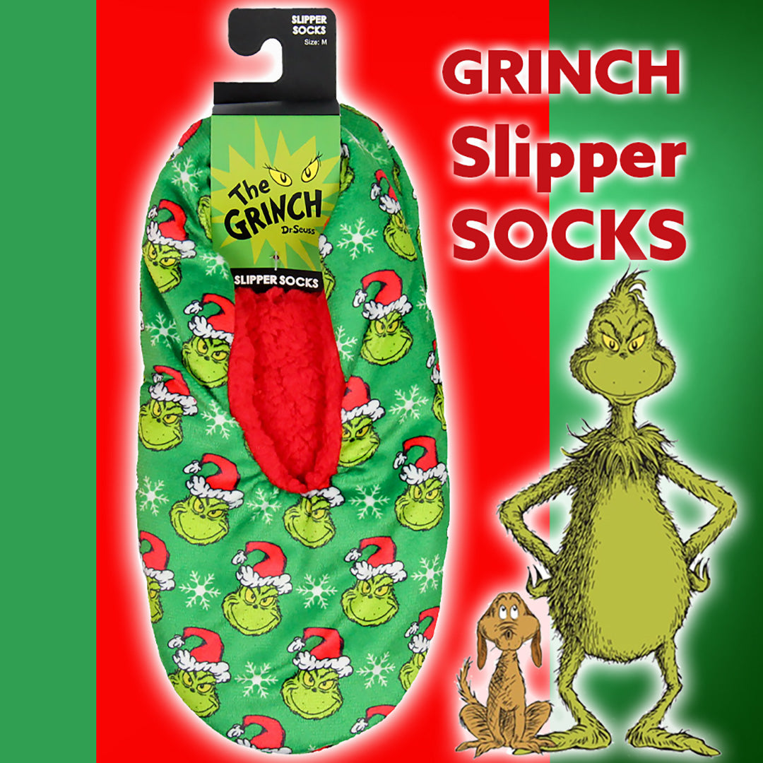 Dr. Seuss GRINCH Who Stole Christmas Grinch Santa Slipper Socks No-Slip Sole