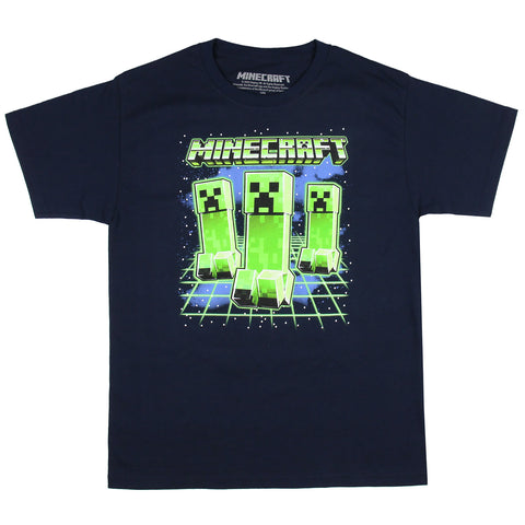 Minecraft Boy's Three Glowing Creepers Gaming Print Navy T-Shirt