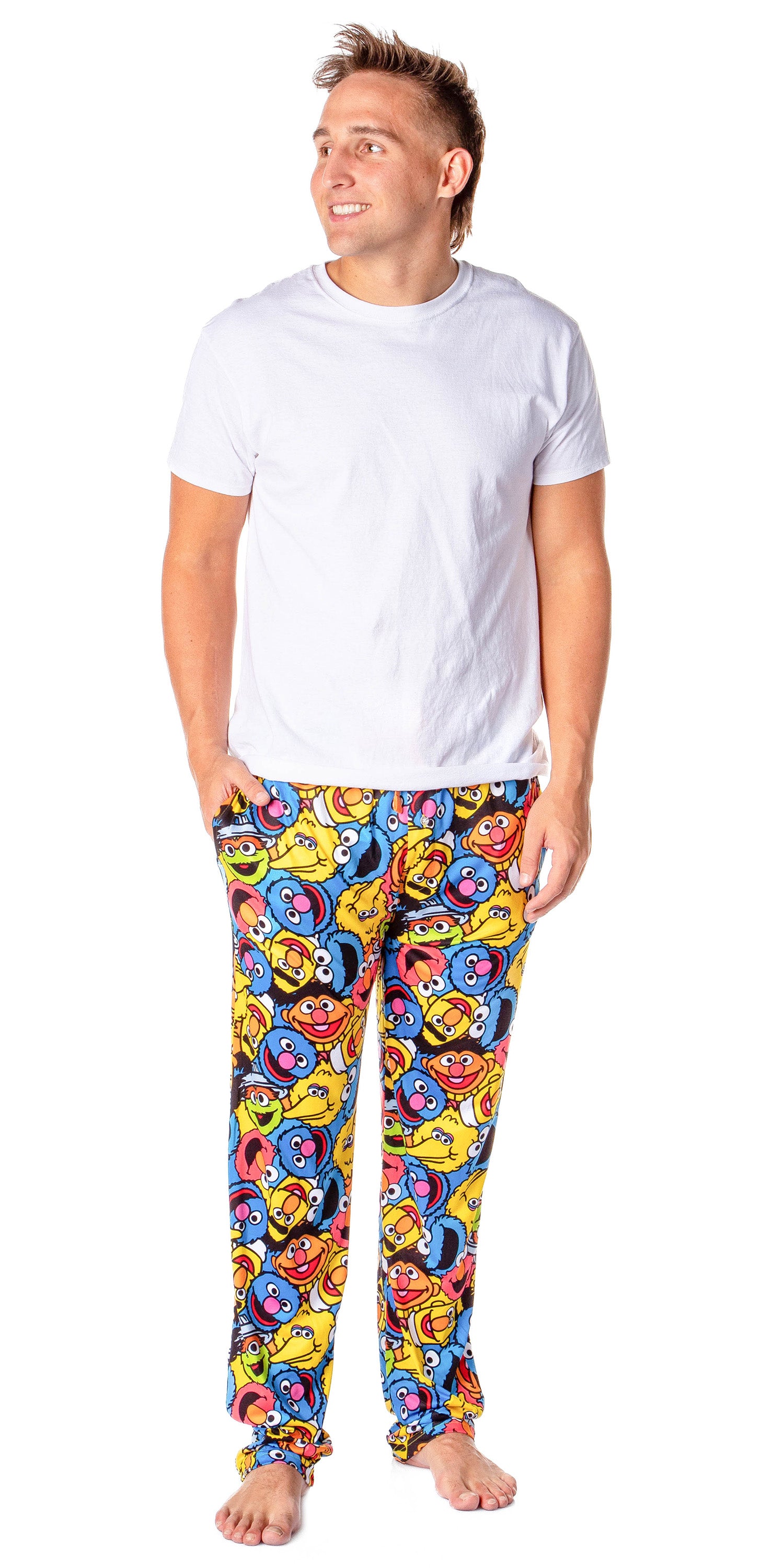 Sesame Street Men's Allover Character Face Collage Adult Pajama Pants