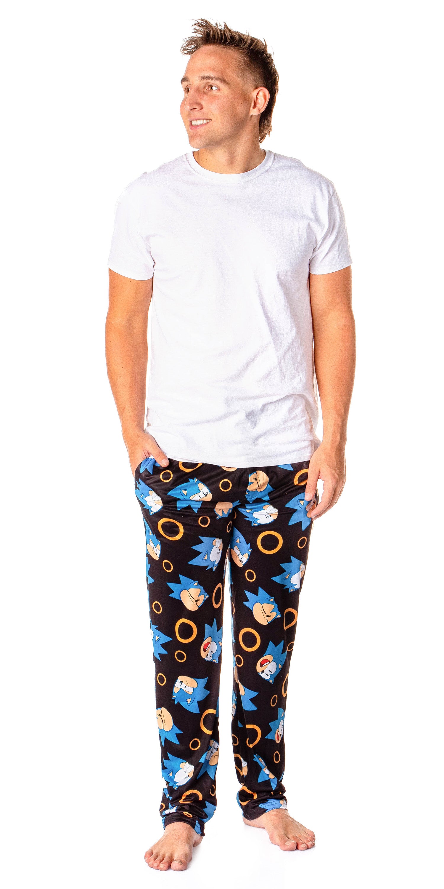 Sonic The Hedgehog Men's Allover Classic Character And Rings Pajama Pants