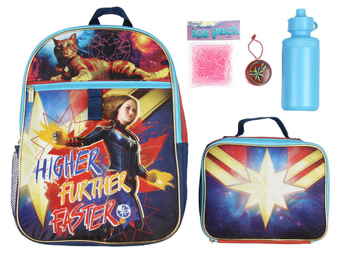 Captain Marvel Backpack Kids 5 Pc Lunch Kit Water Bottle Back to School Mega Set
