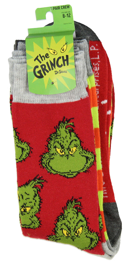 Dr. Seuss GRINCH Merry Grinchmas Adult Holiday 3 Pair Crew Socks