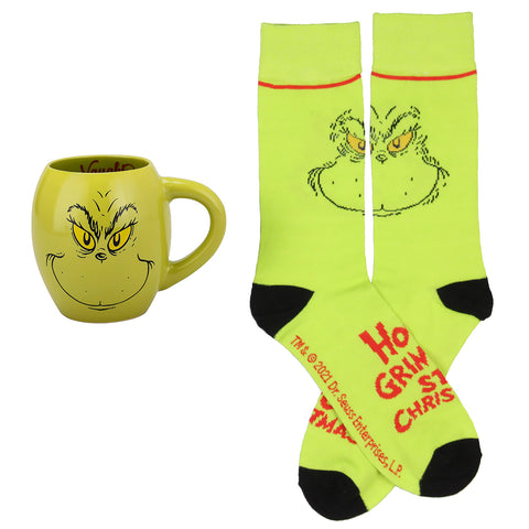 Dr. Seuss GRINCH Naughty or Nice Oval Ceramic 18oz Mug and Crew Sock Combo
