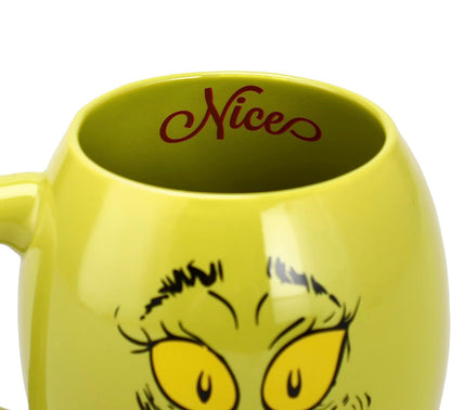 Dr. Seuss GRINCH Naughty or Nice Oval Ceramic 18oz Mug and Crew Sock Combo