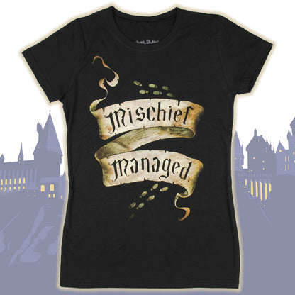 Harry Potter Marauders Map Mischief Managed Juniors T-shirt (Medium, Black) Adult