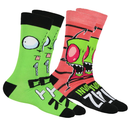 Invader Zim Socks Men's Zim and Gir Designs 2-Pair Mid-Calf Crew Socks