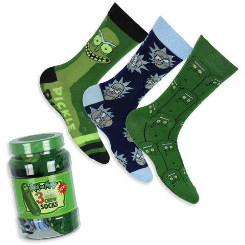 Rick and Morty Men's Pickle Rick 3 Pair Casual Crew Socks in Jar Container 6-12