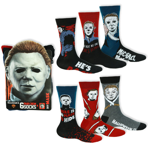 Halloween Michael Myers Men's 6 Pair Crew Socks with D.I.Y. Mask