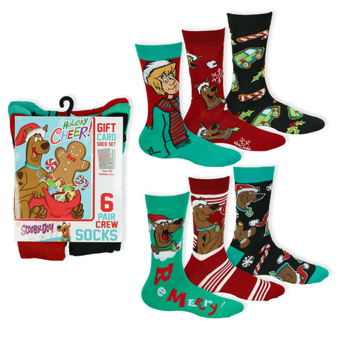 Scooby Doo Men's Holiday 6 Pair Christmas Crew Socks and Holiday Card Set 6-12