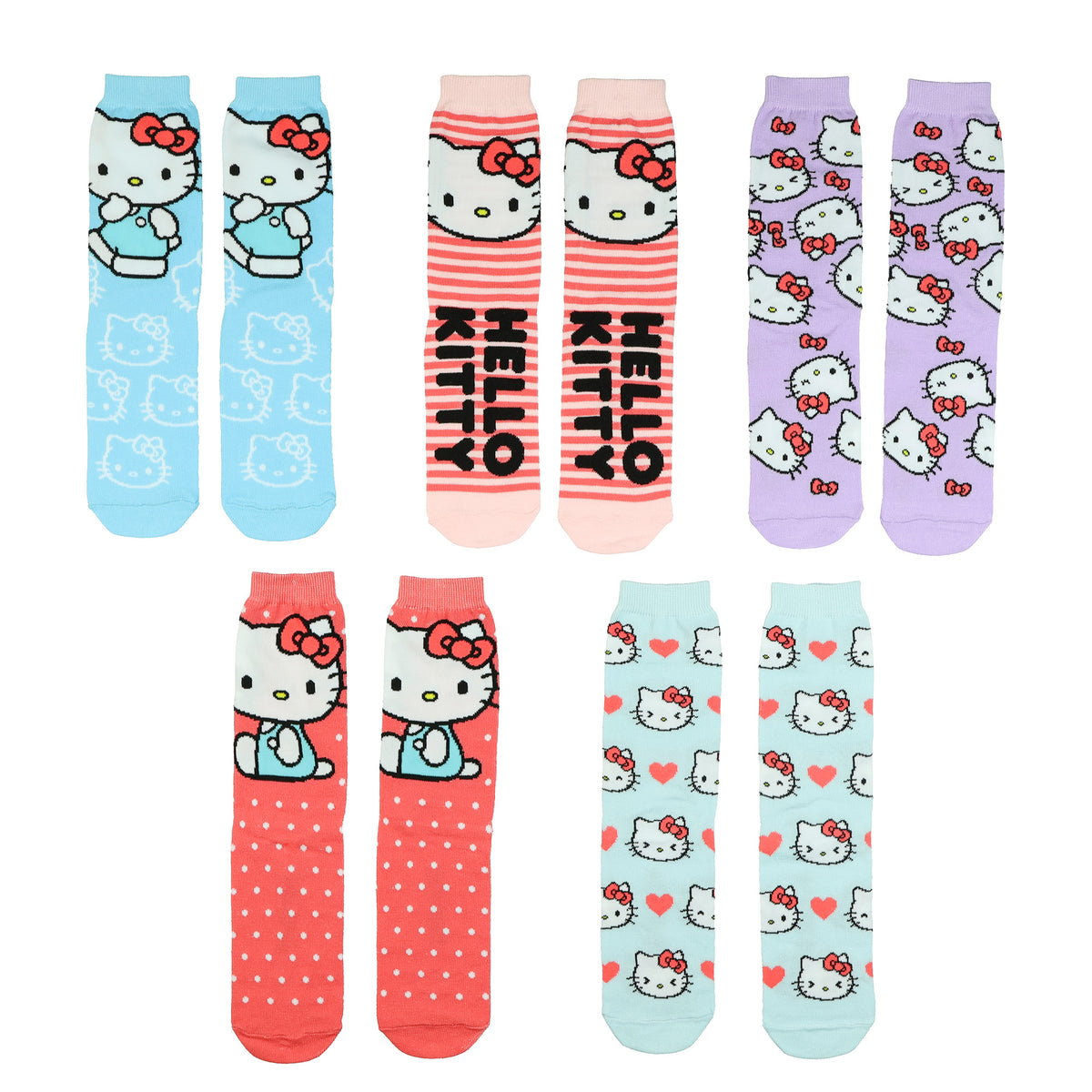 Sanrio Hello Kitty Crew Socks Women's 5 Pair Character Design Mid Calf OSFM