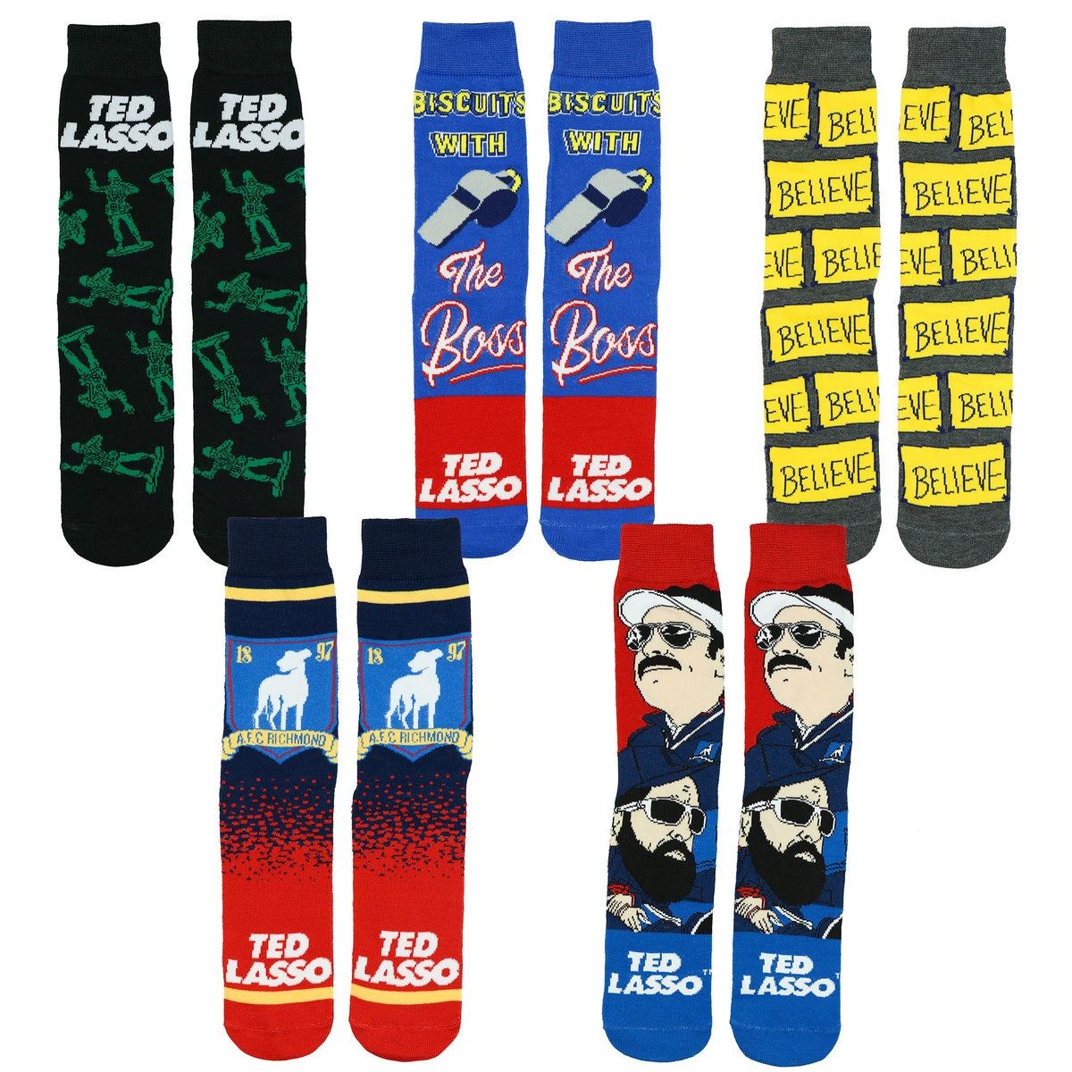 Ted Lasso Socks Biscuits With The Boss 5 Pair Crew Gift Box Set Shoe Size 6-12