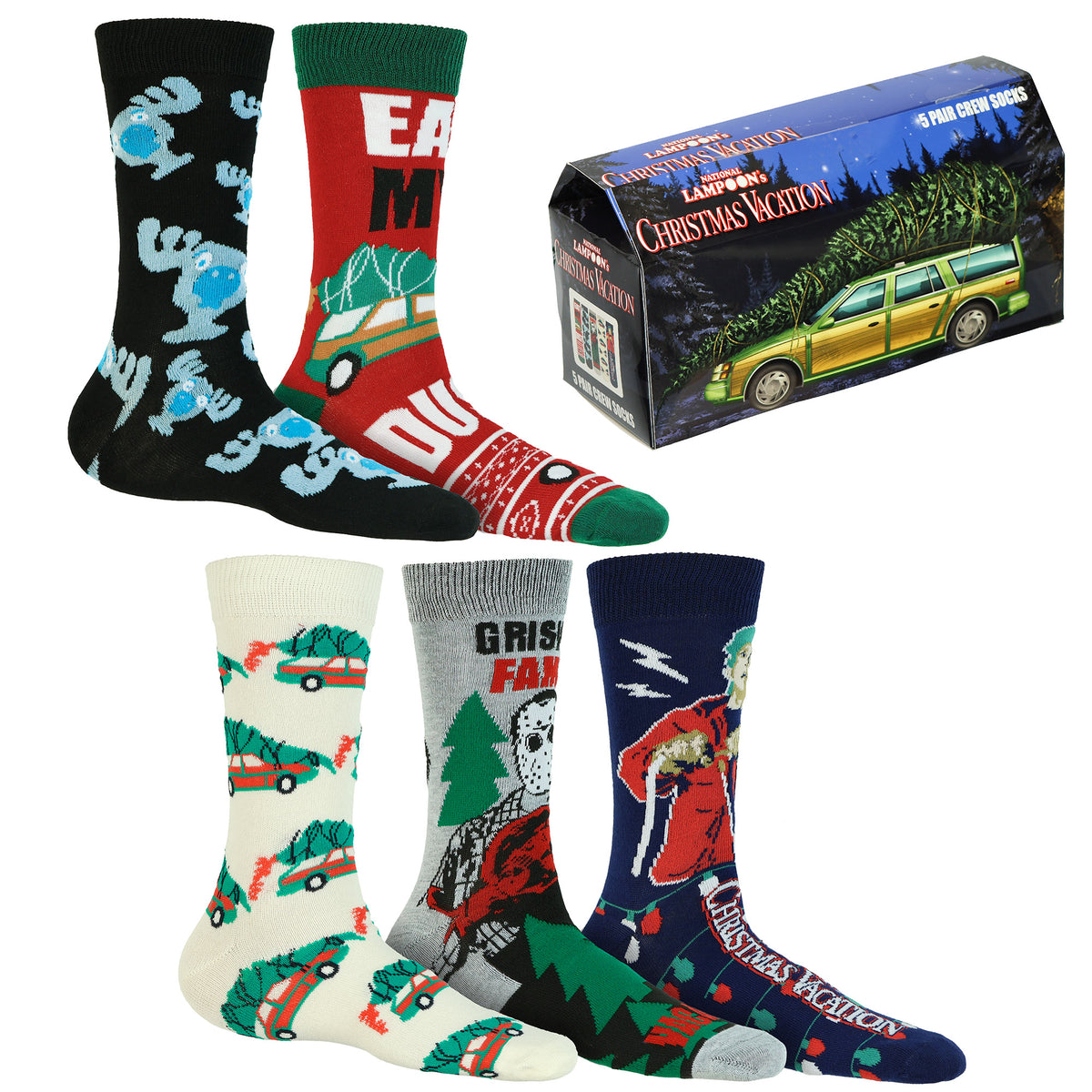 National Lampoon's Christmas Vacation Socks 5 Pair Crew Gift Box Shoe Size 6-12