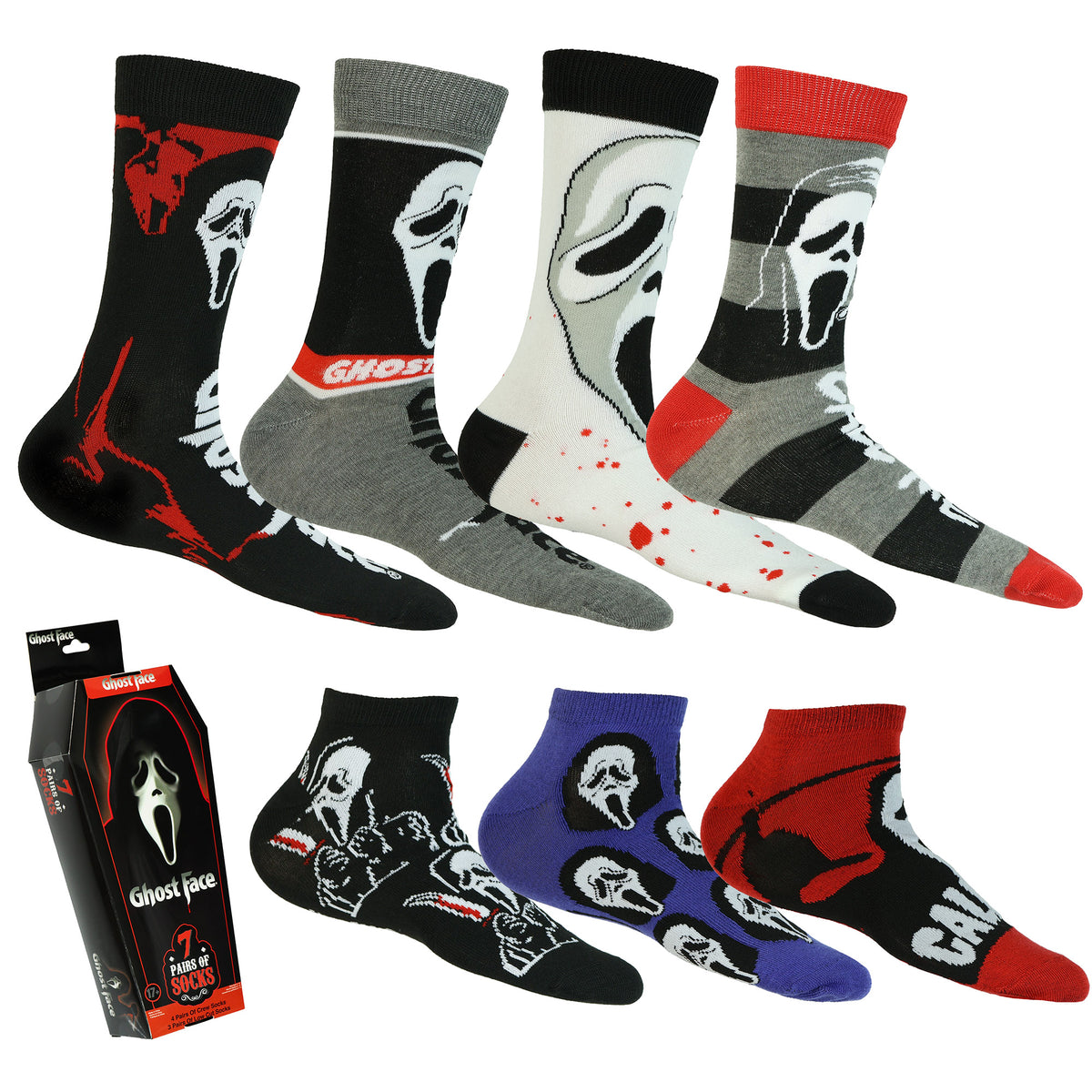 Ghostface Socks Men's Crew Ankle Sock Coffin Box Set 7 Pair Size 6-12